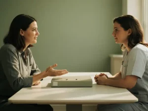 Werknemer in gesprek met bedrijfsarts aan bureau met gesloten medisch dossier, rustige klinische sfeer, zacht natuurlijk licht.