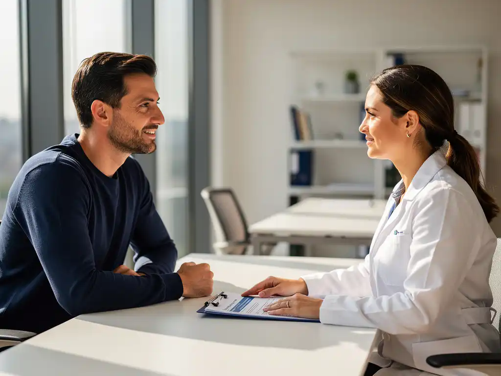 Zorgverlener in witte jas bespreekt medische documenten met werknemer aan moderne bureau in lichte kantoorruimte