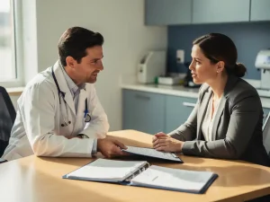 Bedrijfsarts en werknemer bespreken medisch dossier aan bureau, professionele en warme sfeer in verlichte spreekkamer.