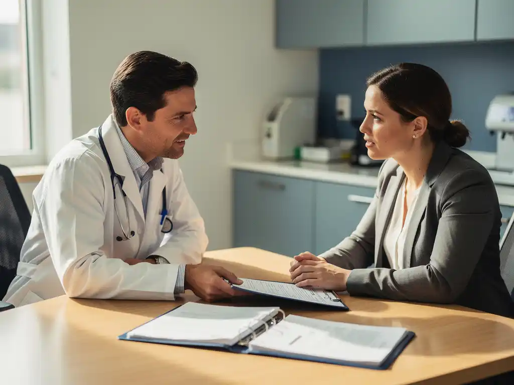 Bedrijfsarts en werknemer bespreken medisch dossier aan bureau, professionele en warme sfeer in verlichte spreekkamer.