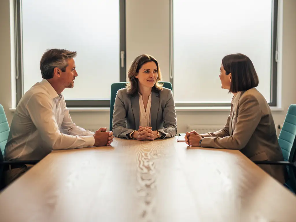 Professionele mediator begeleidt gesprek tussen twee collega's aan een conferentietafel in een modern Nederlands kantoor.