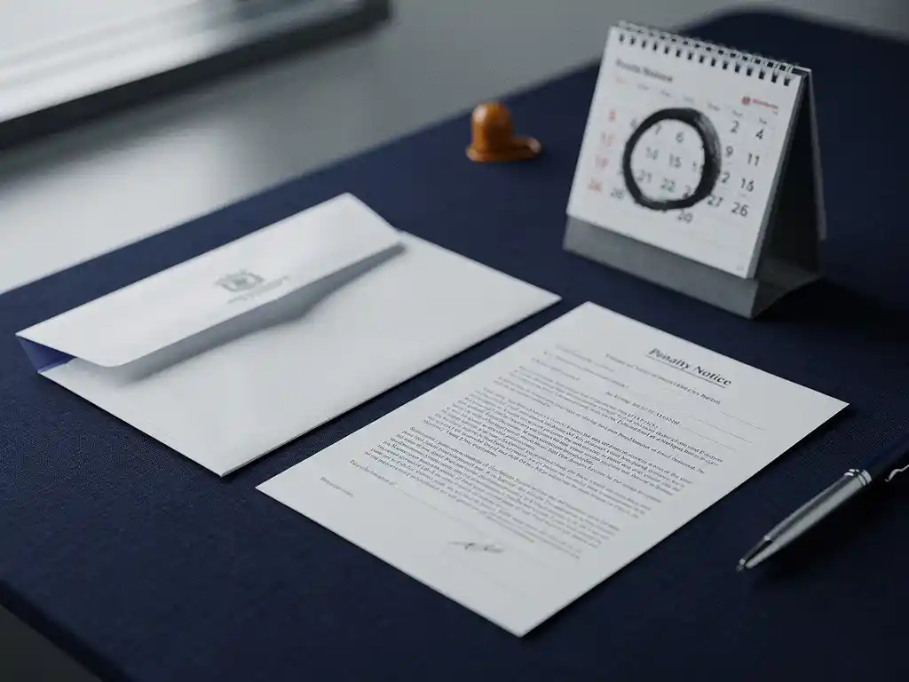 Officiële boetebrief en aanmaning op kantoorbureau met kalender waarop een deadline is omcirkeld.