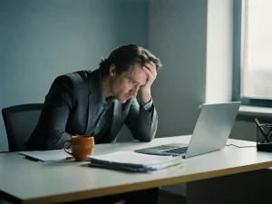 Uitgebrande kantoormedewerker leunt met hoofd in hand aan modern bureau, koude koffie en papieren op de voorgrond, zacht daglicht.