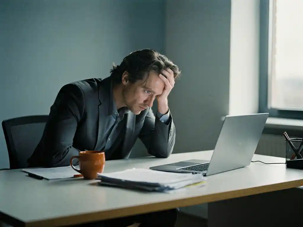 Uitgebrande kantoormedewerker leunt met hoofd in hand aan modern bureau, koude koffie en papieren op de voorgrond, zacht daglicht.