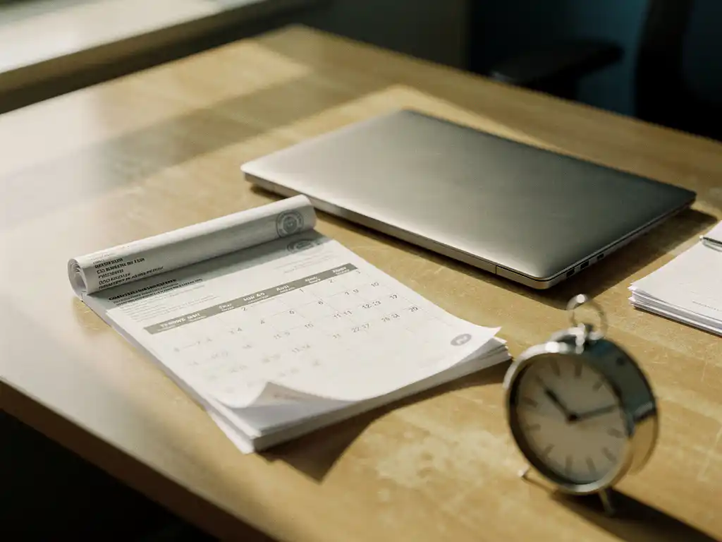 Casemanager bureau met opengeslagen kalender op week 42, officieel gestempeld document en kleine klok naast gesloten laptop.