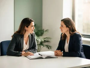 Casemanager bespreekt dossier met medewerker aan modern bureau in rustige, lichte kantooromgeving.