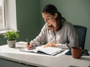 Casemanager bekijkt een personeelsdossier aan een modern bureau met groene plant en koffiemok, zacht natuurlijk licht.