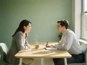 Coach en medewerker in gesprek aan een lichte eikenhouten tafel met koffie en notitieboek, zonnig kantoor op de achtergrond.