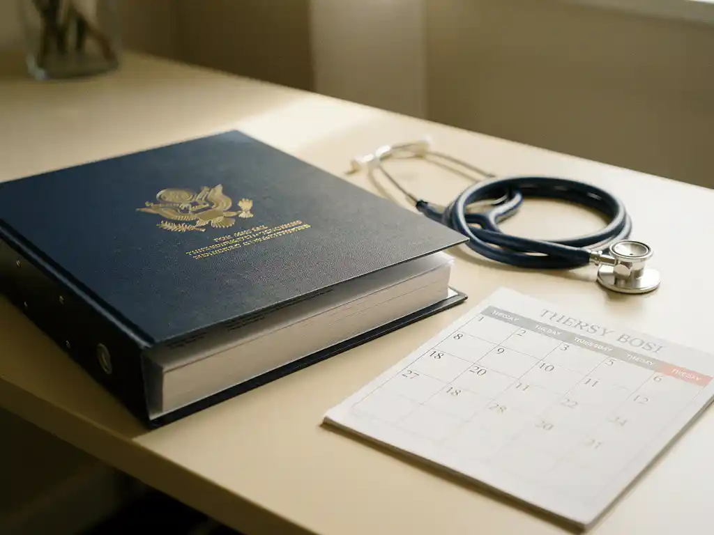 Open overheidsdossier op bureau naast stethoscoop en kalender met gemarkeerde weken, symboliseert medische begeleiding en regelgeving.