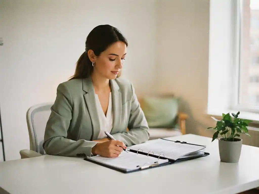 Casemanager bekijkt een gestructureerde dossiermap op een opgeruimd bureau in een licht, modern kantoor.