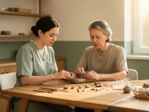 Ergotherapeut begeleidt patiënt bij knutselactiviteit aan houten werktafel met klei en vlechtmaterialen in lichte, rustige behandelruimte.