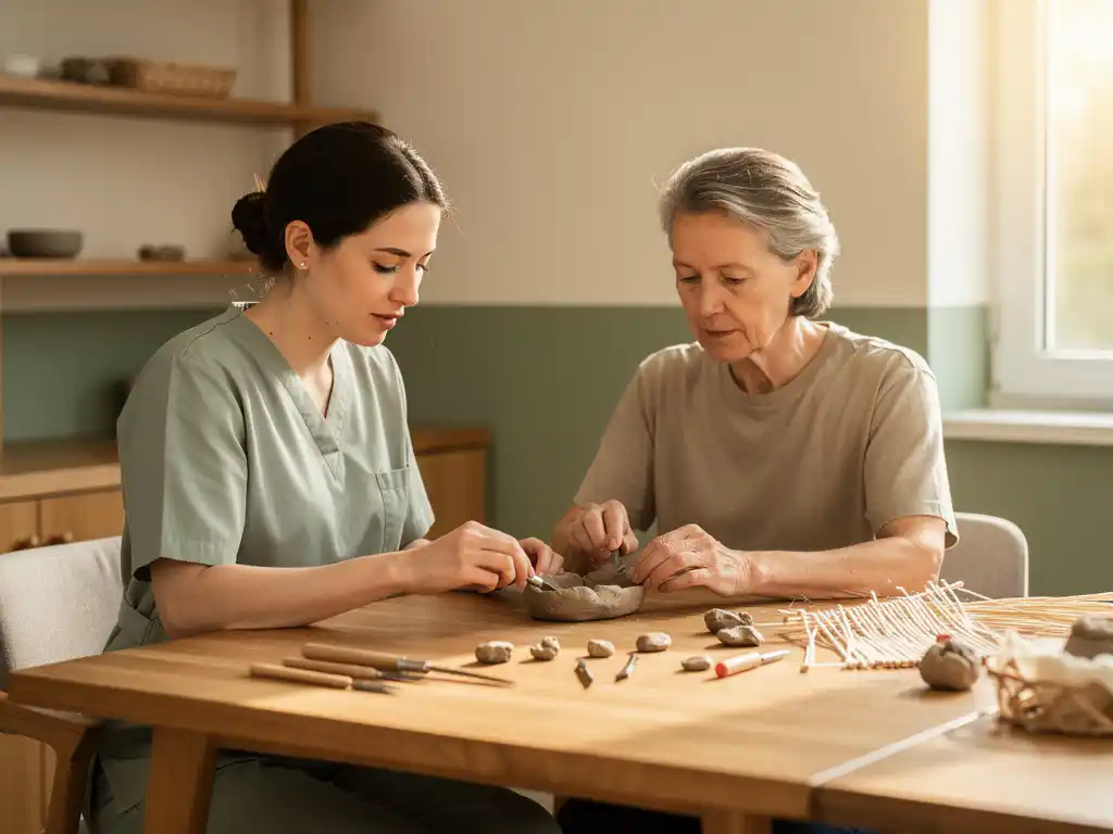 Ergotherapeut begeleidt patiënt bij knutselactiviteit aan houten werktafel met klei en vlechtmaterialen in lichte, rustige behandelruimte.