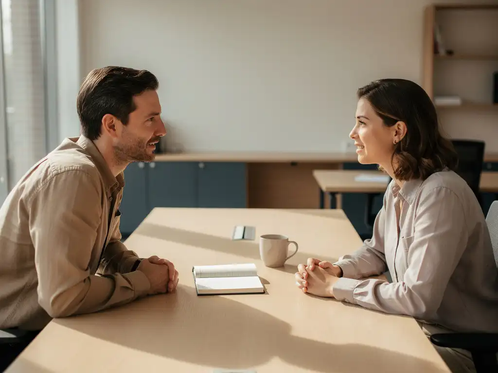 Manager en medewerker in gesprek aan een kantoorbureau met notitieboek en koffie, warm natuurlijk licht.