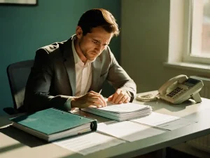 HR-manager die gestrest pauzeert bij bureaupaperwerk, naast een ongeopend verzuimdossier en onbeantwoorde telefoon, warm middaglicht.