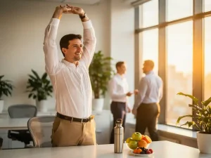 Werknemer in casual kantoorkleding stretcht energiek aan een modern bureau met fruit en herbruikbare waterfles, gouden ochtendlicht.