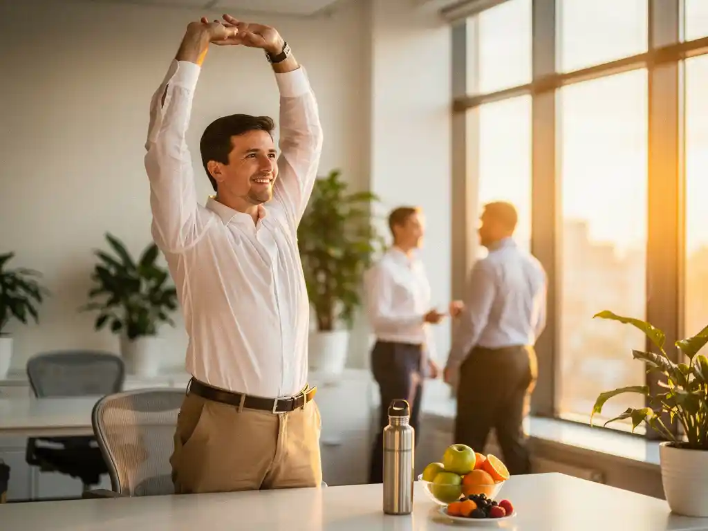 Werknemer in casual kantoorkleding stretcht energiek aan een modern bureau met fruit en herbruikbare waterfles, gouden ochtendlicht.
