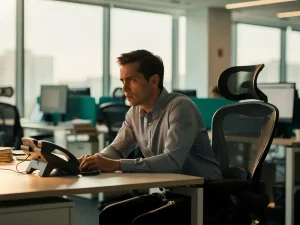 Afgeleide klantenservicemedewerker negeert rinkende telefoon op bureau in modern kantoor met natuurlijk licht.