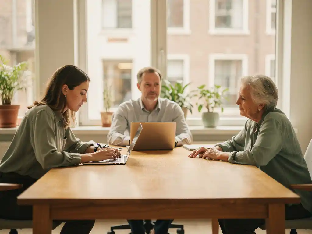 Drie collega's van verschillende generaties aan een eiken bureau in een licht Nederlands kantoor met grote ramen en warm daglicht.