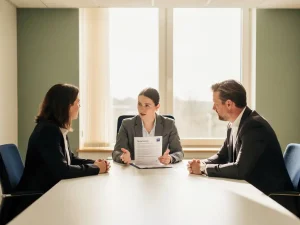 Drie professionals in een moderne Nederlandse vergaderruimte bespreken een beleidsdocument tijdens een ondernemingsraadvergadering.