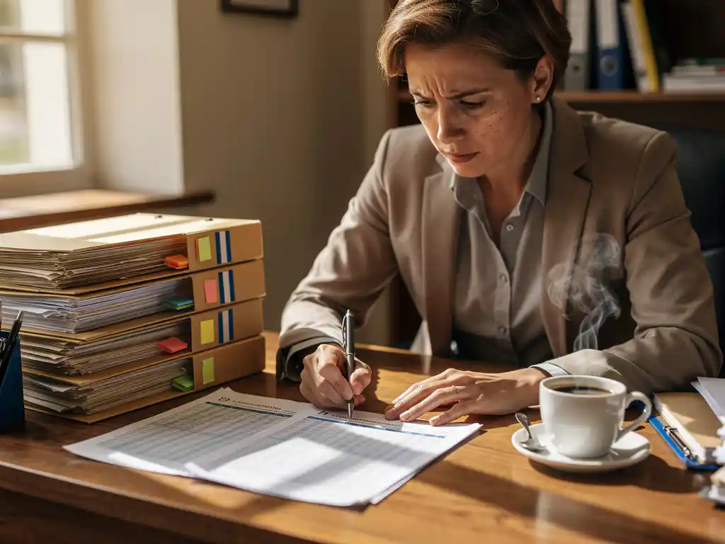 Kantoormanager bekijkt personeelsgegevens op houten bureau met mappen en koffiekop bij raam