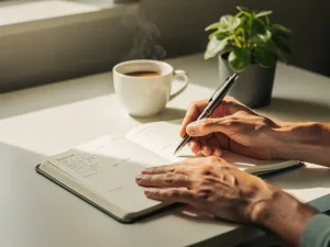 Handen die gestructureerde notities schrijven in een planner op een opgeruimd bureau, met een dampende koffie en groen plantje in warm natuurlijk licht.