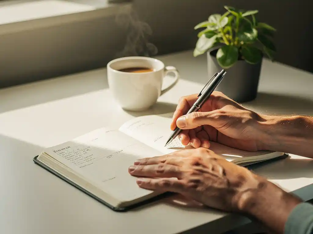 Handen die gestructureerde notities schrijven in een planner op een opgeruimd bureau, met een dampende koffie en groen plantje in warm natuurlijk licht.
