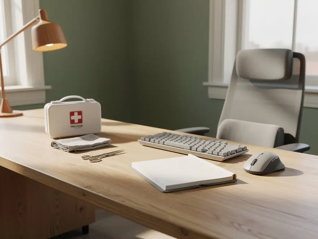 Bureau met EHBO-kit, welzijnsplanner en ergonomisch gereedschap in modern Nederlands kantoor met warm natuurlijk licht.
