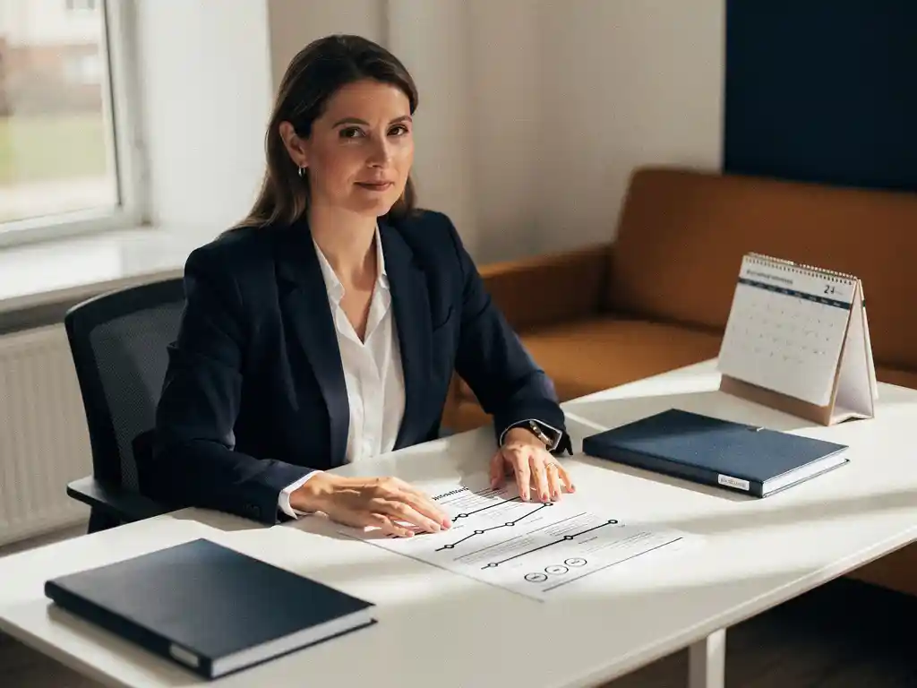 Casemanager bestudeert reïntegratietijdlijn op modern bureau met kalender en medisch dossier in warm kantoorlicht.