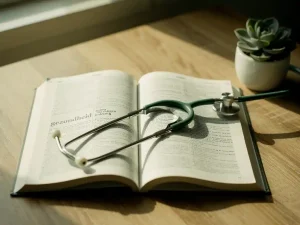 Stethoscoop op opengeslagen Nederlands woordenboek naast vetplant op houten bureau met natuurlijk licht