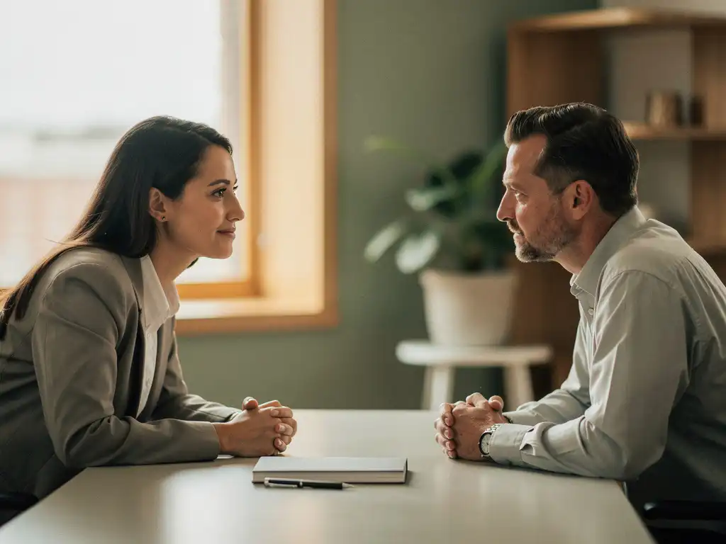 Manager en medewerker in gesprek aan een houten tafel, met notitieblok, warm kantoorlicht en rustgevende groene tinten.