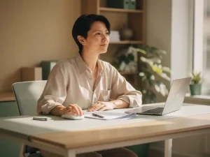 Professional die geleidelijk terugkeert naar deeltijdwerk aan een modern bureau met laptop en papieren, in een rustig kantoor met warm natuurlijk licht.