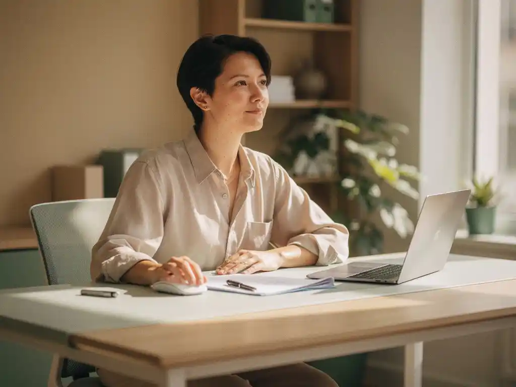 Professional die geleidelijk terugkeert naar deeltijdwerk aan een modern bureau met laptop en papieren, in een rustig kantoor met warm natuurlijk licht.