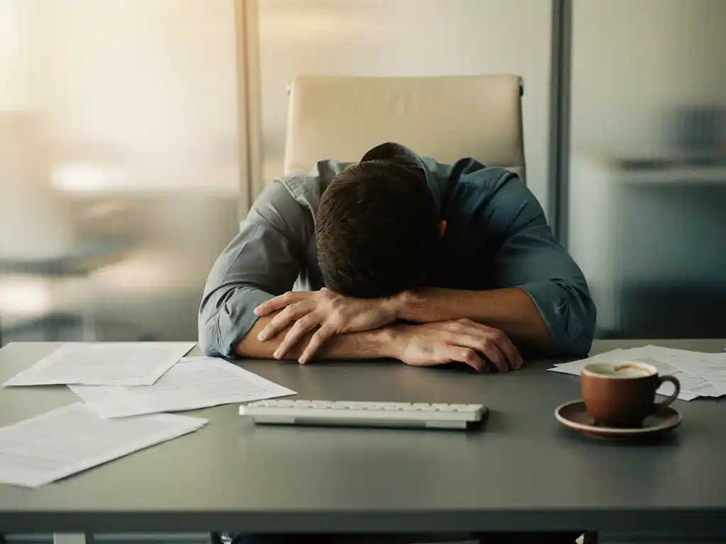 Uitgeputte kantoormedewerker met hoofd op gevouwen armen aan modern bureau, koffiekopje en papieren verspreid, zacht natuurlijk licht.