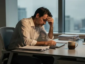 Uitgeputte kantoormedewerker leunt met hoofd in hand aan bureau, koude koffie en papieren naast hem, zacht grijs ochtendlicht.