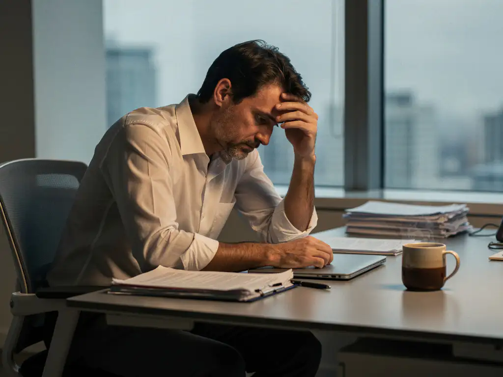 Uitgeputte kantoormedewerker leunt met hoofd in hand aan bureau, koude koffie en papieren naast hem, zacht grijs ochtendlicht.