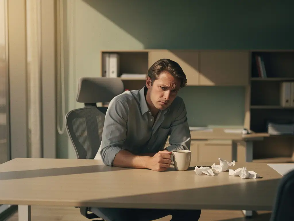 Vermoeide kantoormedewerker aan leeg bureau met halfvol koffiekopje en tissues, zacht middaglicht in Nederlandse werkomgeving.