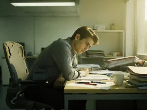 Vermoeide kantoormedewerker onderuitgezakt aan rommelig bureau met kapotte ergonomische stoel, koud kopje koffie en gedempt tl-licht.