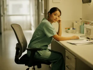 Verpleegkundige in scrubs leunt peinzend op hand bij verlaten verpleegpost, lege stoel naast hen, zacht natuurlijk licht.