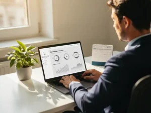 HR-manager bekijkt absentiedashboard op laptop aan modern bureau, omringd door plant en kalender in warm ochtendlicht.