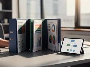 Professioneel bureau met drie georganiseerde mappen en tablet met stroomdiagram voor verzuimmanagement