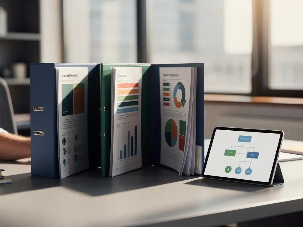 Professioneel bureau met drie georganiseerde mappen en tablet met stroomdiagram voor verzuimmanagement