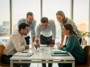Collega's rond een bureau die samen een welzijnsplan bespreken in een licht modern kantoor met natuurlijk daglicht.