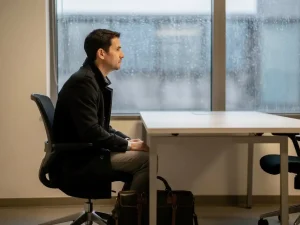 Werknemer in jas met tas aan voeten staart naar regenachtig raam, gespannen houding aan opgeruimd bureau, grijs-blauwe kantooromgeving.