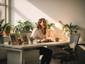 Lachende medewerker aan zonnig modern bureau met groene planten en lege stoel op de achtergrond.