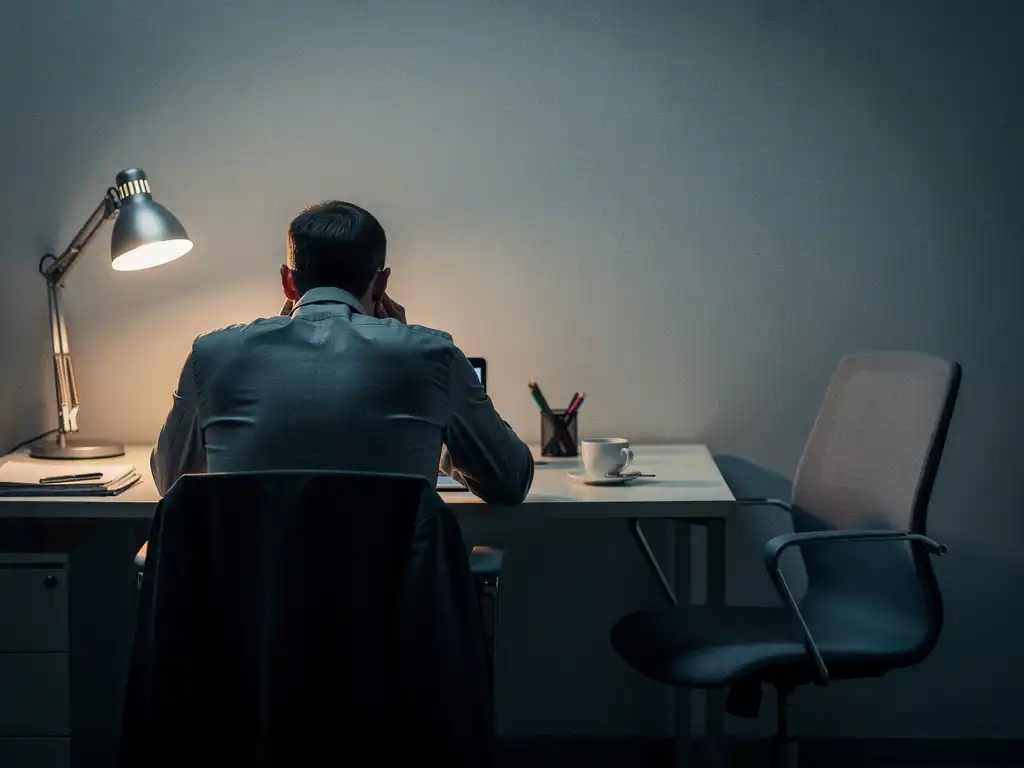 Werknemer met gespannen schouders alleen aan minimalistische bureau, lege stoel dichtbij, dimme werkruimte verlicht door één warme bureaulamp.