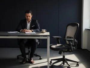 Bezorgde kantoormedewerker aan moderne bureau met lege stoel ernaast, verspreid papierwerk en onaangeroerde koffiekop in gedempte bedrijfsomgeving