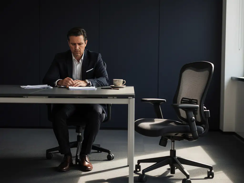 Bezorgde kantoormedewerker aan moderne bureau met lege stoel ernaast, verspreid papierwerk en onaangeroerde koffiekop in gedempte bedrijfsomgeving