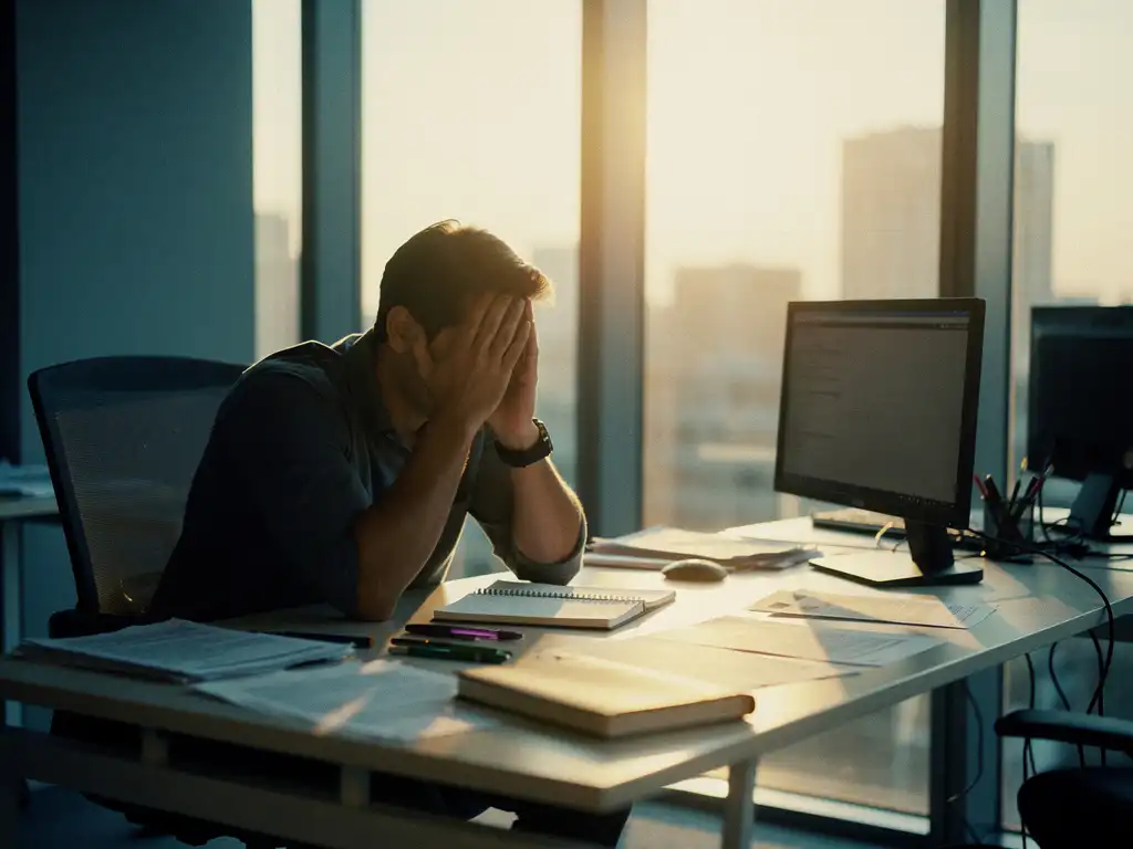 Bezorgde medewerker met hoofd in handen aan leeg kantoorbureau, zonlicht door ramen creëert schaduwen over papieren