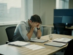 Bezorgde werknemer zit aan lege bureau met hoofd in handen, omringd door papieren en onberoerde koffiekop in stil kantoor