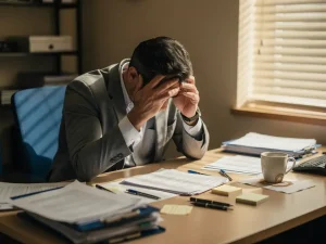 Bezorgde kantoormedewerker met hoofd in handen aan rommelig bureau met verspreide papieren en lege koffiemok